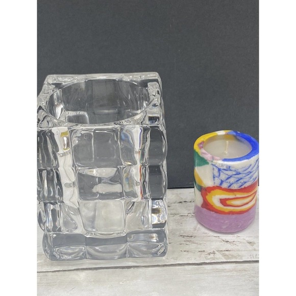 Square Cut Bubble Glass Votive Crystal Candle Holder With Colorful Swirl Candle - Picture 2 of 11